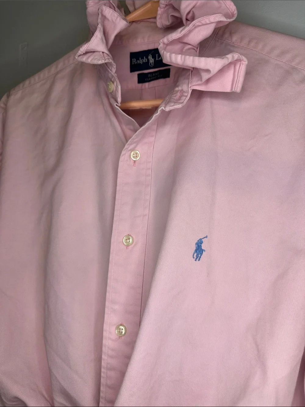 Ralph Lauren Light Pink Oxford Ruffled collar Shirt with Blue Pony - Picture 2 of 5